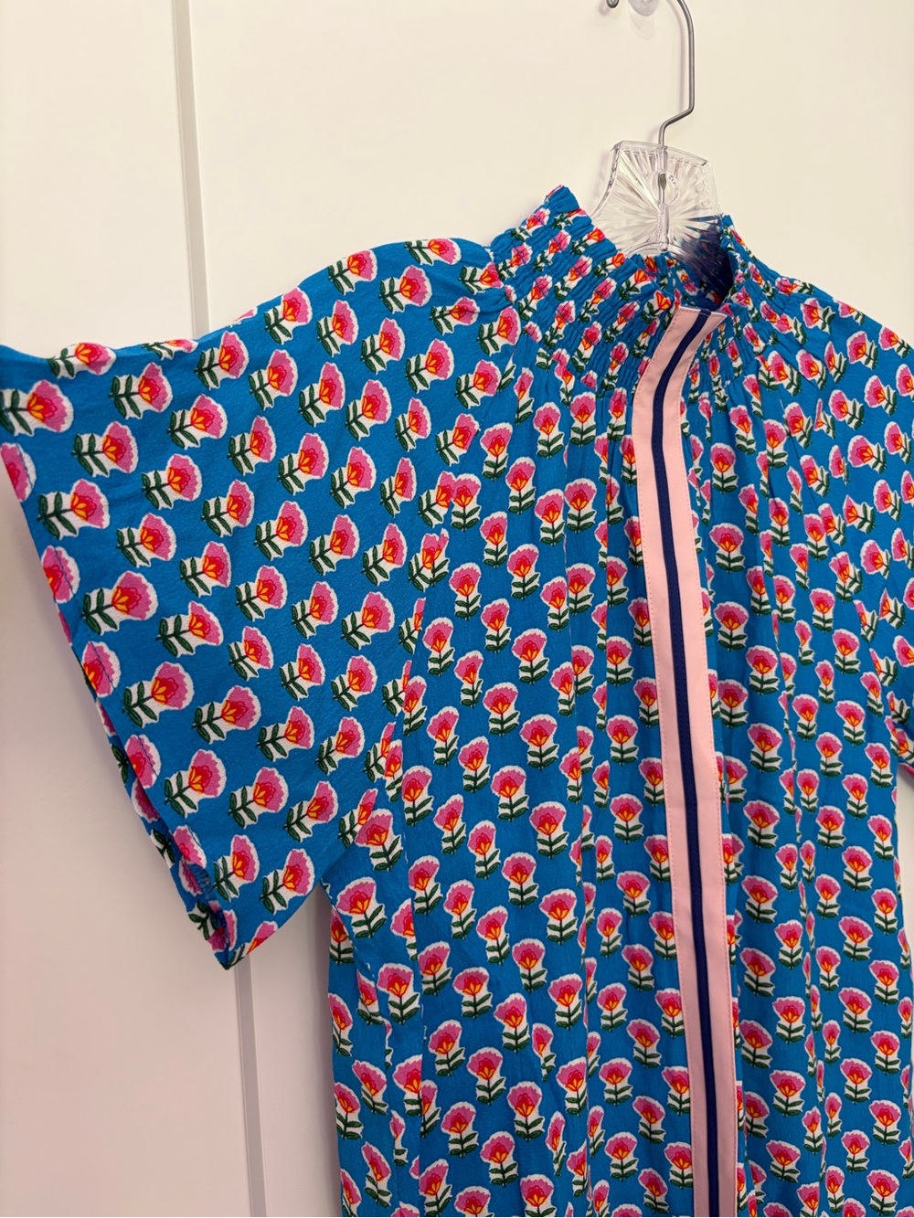 THML Top S Blue Pink Floral Block Print Smocked Neck Boho Tunic Blouse - Picture 2 of 8